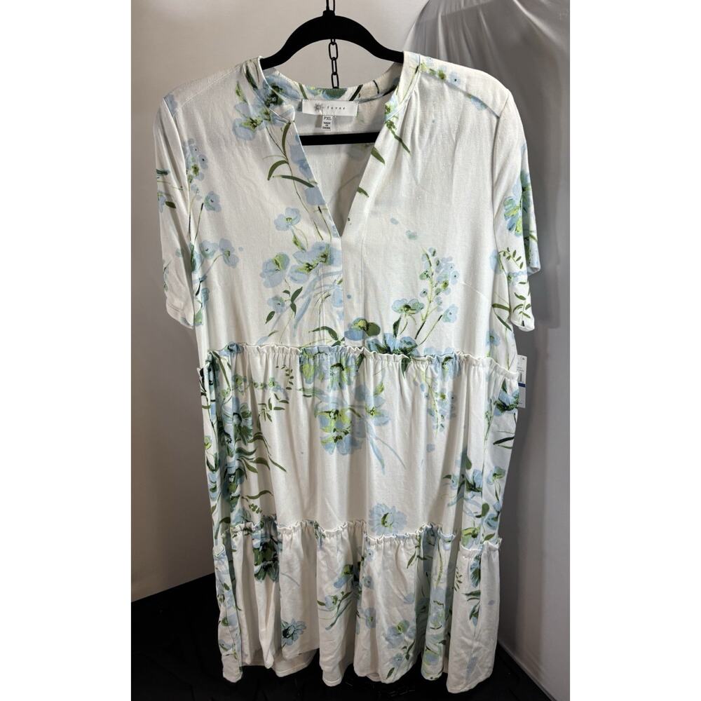 Fever Sky Blue Floral Tiered Dress PXL Linen Blend Cottagecore Boho Spring